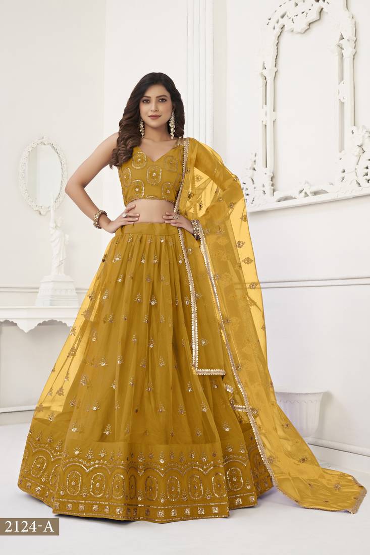 Women's Mustard Yellow Butterfly Net With Tone Thread Work And Sandwich Embroidered Work Lehenga Choli For Wedding