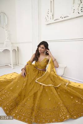 Women's Mustard Yellow Butterfly Net With Tone Thread Work And Sandwich Embroidered Work Lehenga Choli For Wedding 4