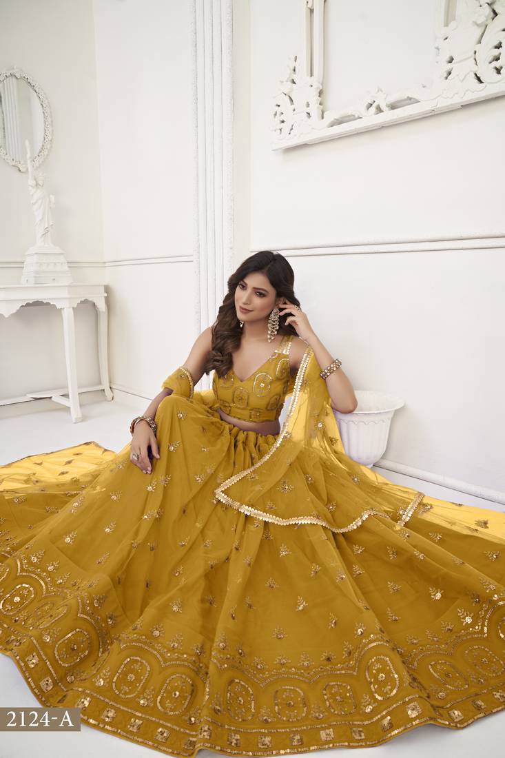 Women's Mustard Yellow Butterfly Net With Tone Thread Work And Sandwich Embroidered Work Lehenga Choli For Wedding