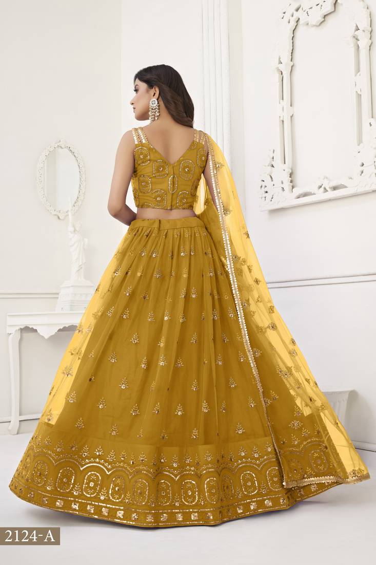 Women's Mustard Yellow Butterfly Net With Tone Thread Work And Sandwich Embroidered Work Lehenga Choli For Wedding