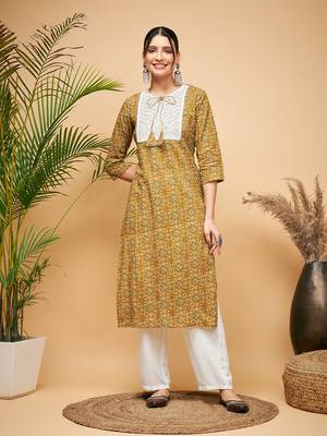OLIVE AJRAKH PRINT COTTON PATCH WORK STRAIGHT KURTA 1