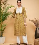 OLIVE AJRAKH PRINT COTTON PATCH WORK STRAIGHT KURTA