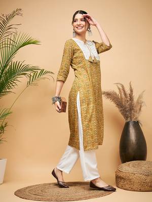 OLIVE AJRAKH PRINT COTTON PATCH WORK STRAIGHT KURTA 2