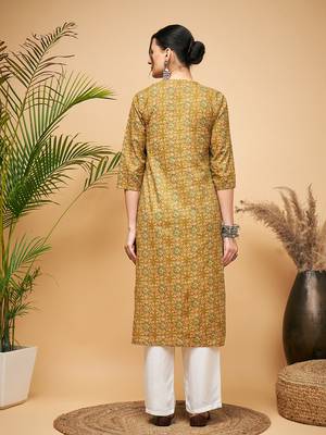 OLIVE AJRAKH PRINT COTTON PATCH WORK STRAIGHT KURTA 3
