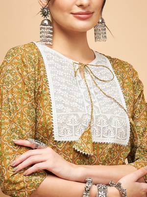 OLIVE AJRAKH PRINT COTTON PATCH WORK STRAIGHT KURTA 4
