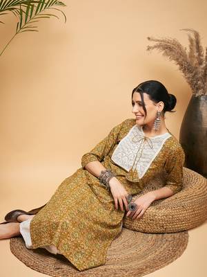 OLIVE AJRAKH PRINT COTTON PATCH WORK STRAIGHT KURTA 5