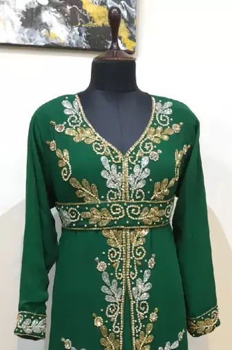 Dark Green color Full Sleeves Handmade Moroccan Kaftan 
