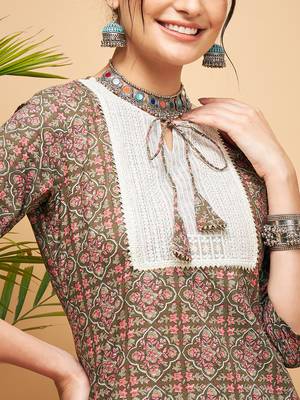 GREEN RED AJRAKH PRINT COTTON PATCH WORK STRAIGHT KURTA 4