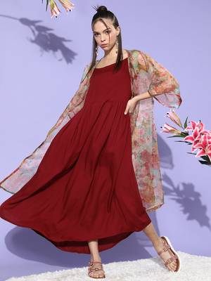 Maroon with orange floral organza cape set 2
