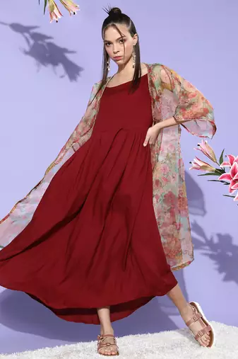 Maroon with orange floral organza cape set