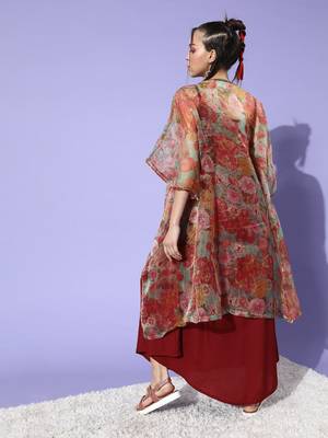 Maroon with orange floral organza cape set 1