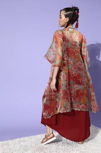 Maroon with orange floral organza cape set