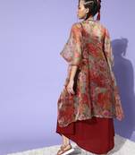 Maroon with orange floral organza cape set