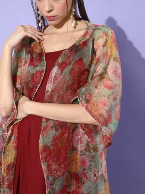 Maroon with orange floral organza cape set 4