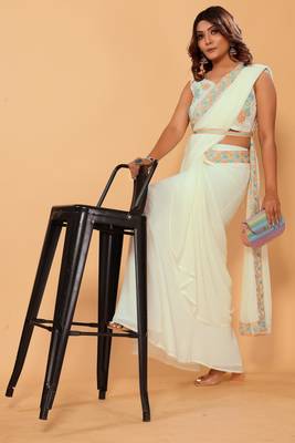 ready to wear georgette 1 min saree with embroidery work belt & unstitched blouse 2