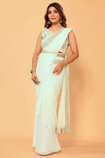 ready to wear georgette 1 min saree with embroidery work belt & unstitched blouse