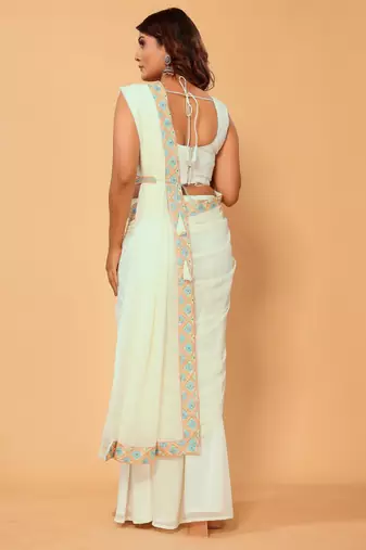 ready to wear georgette 1 min saree with embroidery work belt & unstitched blouse