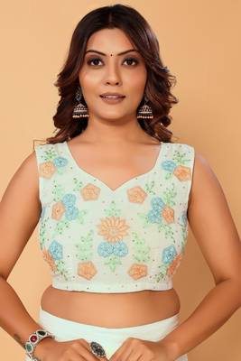 ready to wear georgette 1 min saree with embroidery work belt & unstitched blouse 5