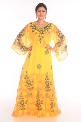 SALE !!  Moroccan Islamic Yellow Kaftan Beach Fancy Modern Floor Length Bell Sleeve For Women Dress 1