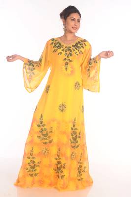 SALE !!  Moroccan Islamic Yellow Kaftan Beach Fancy Modern Floor Length Bell Sleeve For Women Dress 2