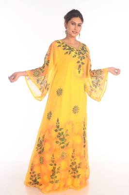 SALE !!  Moroccan Islamic Yellow Kaftan Beach Fancy Modern Floor Length Bell Sleeve For Women Dress 3