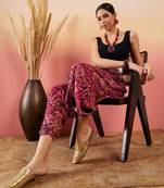 Wine maroon leaf print foil harem pant