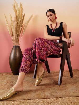 Wine maroon leaf print foil harem pant 4