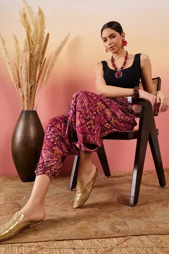 Wine maroon leaf print foil harem pant