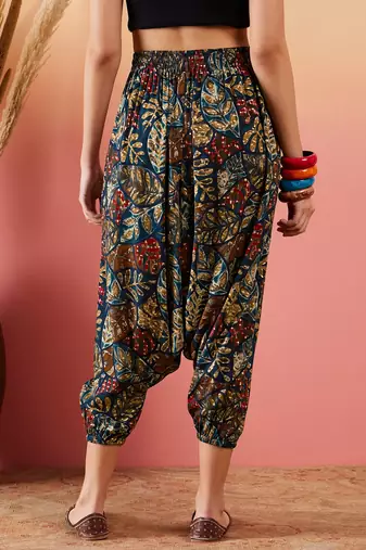 Teal maroon leaf print foil harem pant