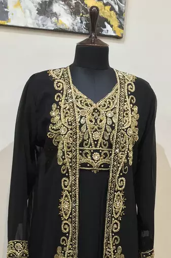 Black color Full Sleeves Handmade Two-Piece Jacket Style Moroccan Kaftan