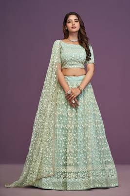 Pista Green Soft Net Sequins Embroidery Work Lehenga Choli For Women  1