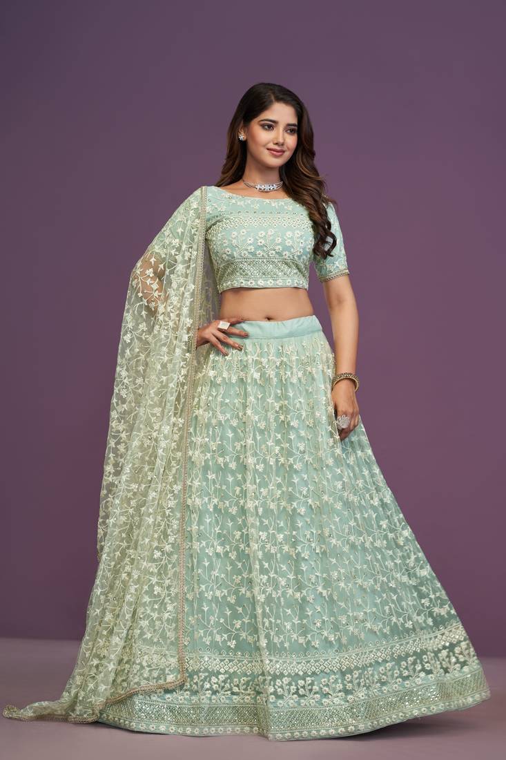 Pista Green Soft Net Sequins Embroidery Work Lehenga Choli For Women 