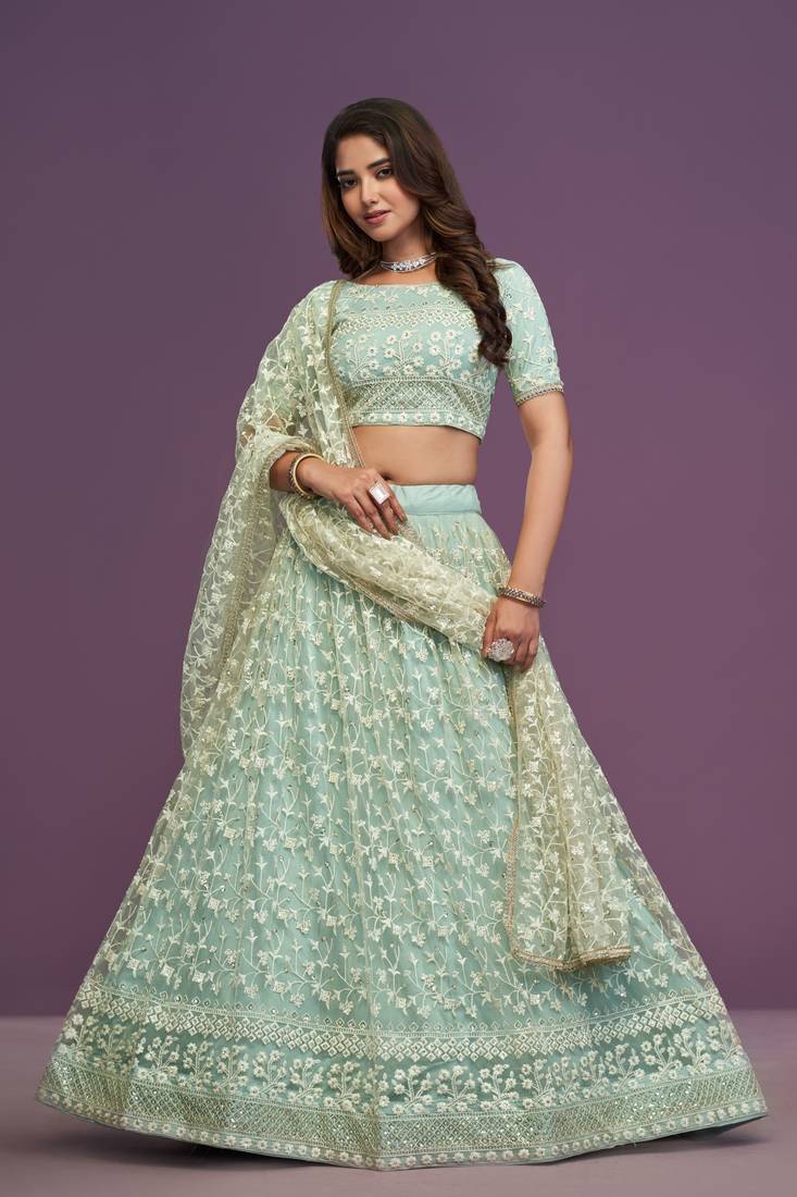 Pista Green Soft Net Sequins Embroidery Work Lehenga Choli For Women 