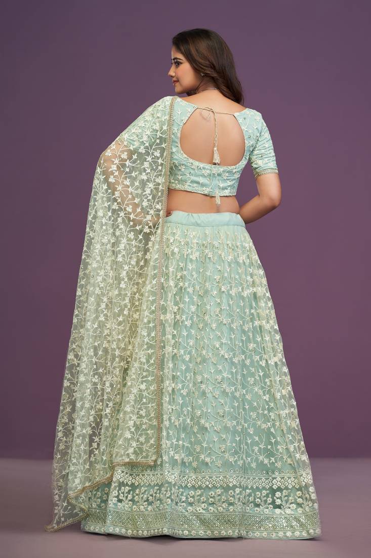 Pista Green Soft Net Sequins Embroidery Work Lehenga Choli For Women 