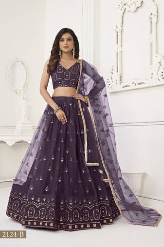 Women's Dusty Wine Butterfly Net With Tone Thread Work And Sandwich Embroidered Work Lehenga Choli For Wedding