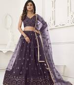 Women's Dusty Wine Butterfly Net With Tone Thread Work And Sandwich Embroidered Work Lehenga Choli For Wedding