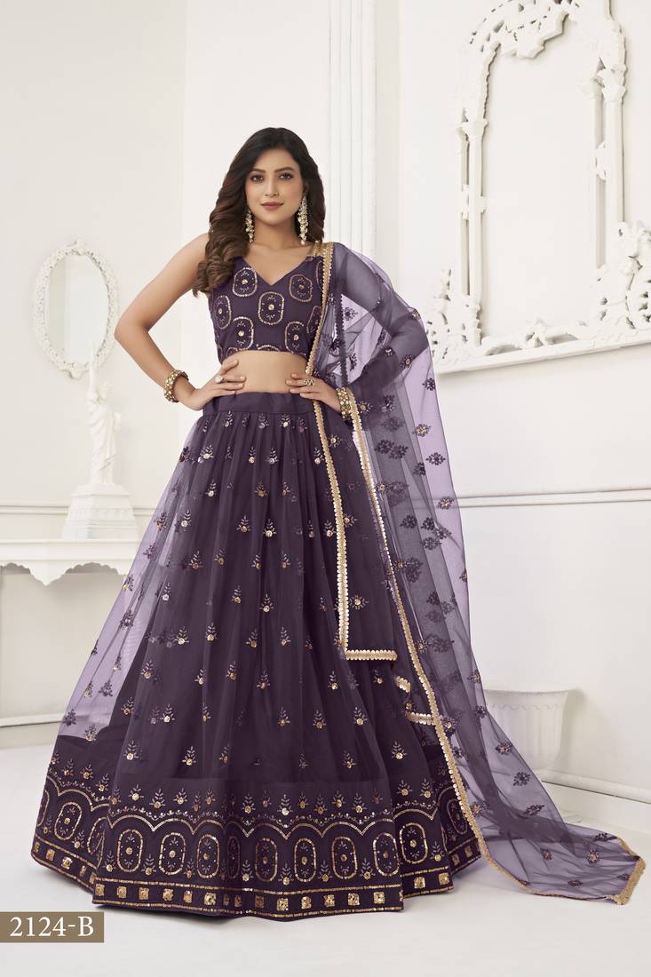 Women's Dusty Wine Butterfly Net With Tone Thread Work And Sandwich Embroidered Work Lehenga Choli For Wedding