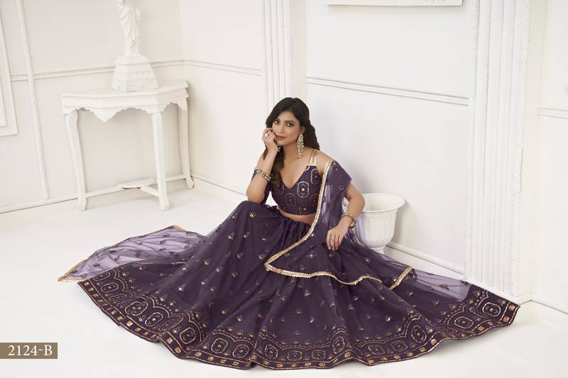 Women's Dusty Wine Butterfly Net With Tone Thread Work And Sandwich Embroidered Work Lehenga Choli For Wedding