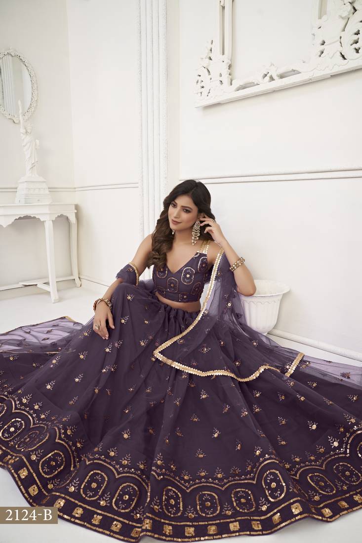 Women's Dusty Wine Butterfly Net With Tone Thread Work And Sandwich Embroidered Work Lehenga Choli For Wedding