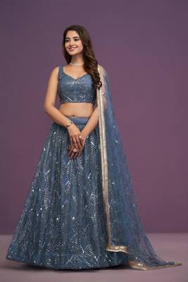 Beautiful Blue Sequins Embroidery Work Lehenga Choli With Dupatta Set 1