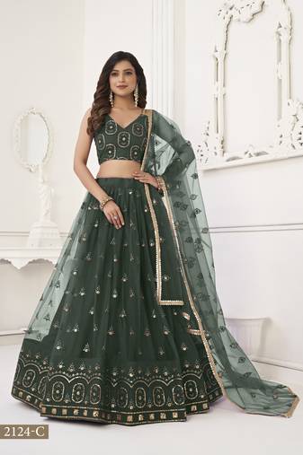 Women's Dark Green Butterfly Net With Tone Thread Work And Sandwich Embroidered Work Lehenga Choli For Wedding