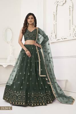 Women's Dark Green Butterfly Net With Tone Thread Work And Sandwich Embroidered Work Lehenga Choli For Wedding 1