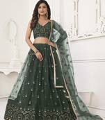 Women's Dark Green Butterfly Net With Tone Thread Work And Sandwich Embroidered Work Lehenga Choli For Wedding