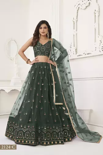 Women's Dark Green Butterfly Net With Tone Thread Work And Sandwich Embroidered Work Lehenga Choli For Wedding