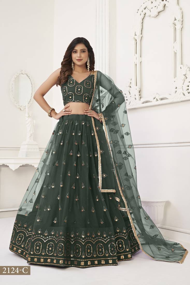Women's Dark Green Butterfly Net With Tone Thread Work And Sandwich Embroidered Work Lehenga Choli For Wedding
