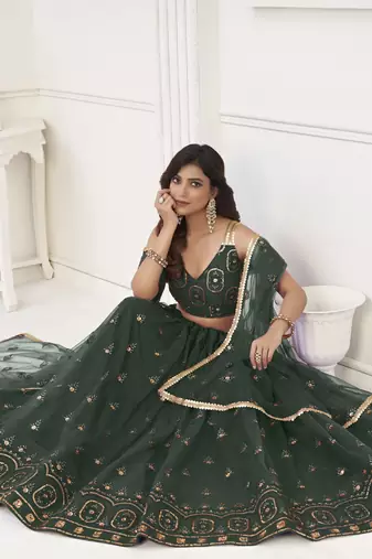 Women's Dark Green Butterfly Net With Tone Thread Work And Sandwich Embroidered Work Lehenga Choli For Wedding