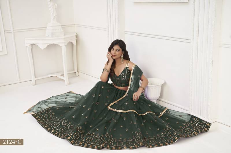Women's Dark Green Butterfly Net With Tone Thread Work And Sandwich Embroidered Work Lehenga Choli For Wedding