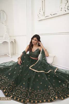 Women's Dark Green Butterfly Net With Tone Thread Work And Sandwich Embroidered Work Lehenga Choli For Wedding 4