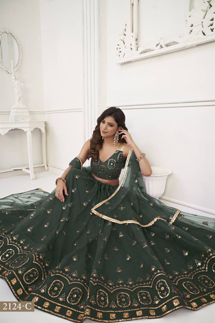 Women's Dark Green Butterfly Net With Tone Thread Work And Sandwich Embroidered Work Lehenga Choli For Wedding