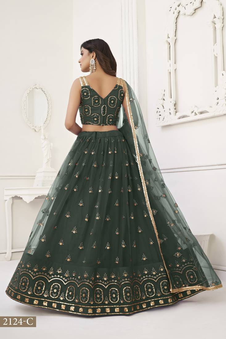 Women's Dark Green Butterfly Net With Tone Thread Work And Sandwich Embroidered Work Lehenga Choli For Wedding